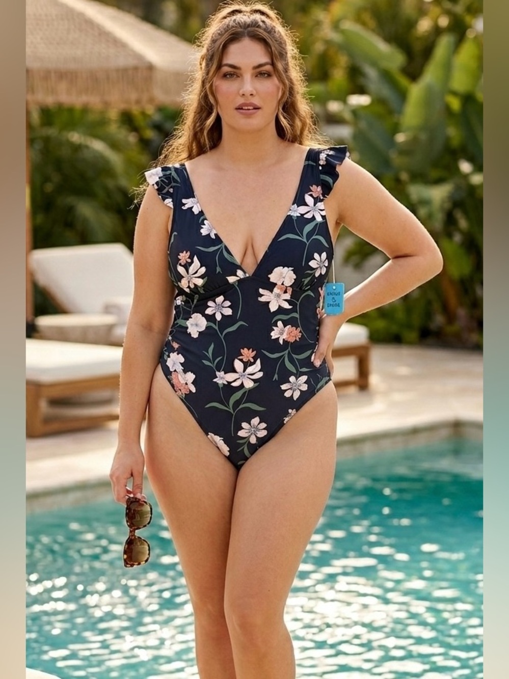 Shade & Shore Black One Piece Swimsuit with Plunging V-Neckline NWT , XL(16)